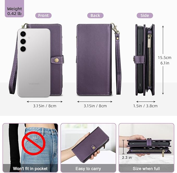 TwoHead for Samsung Galaxy S24 Wallet Case with Card Holder,Detachable Magnetic Phone Case for Galaxy S24,PU Leather Shockproof Protective Phone Cover Wallet with Wrist Strap(6.1 in,Deep Purple)