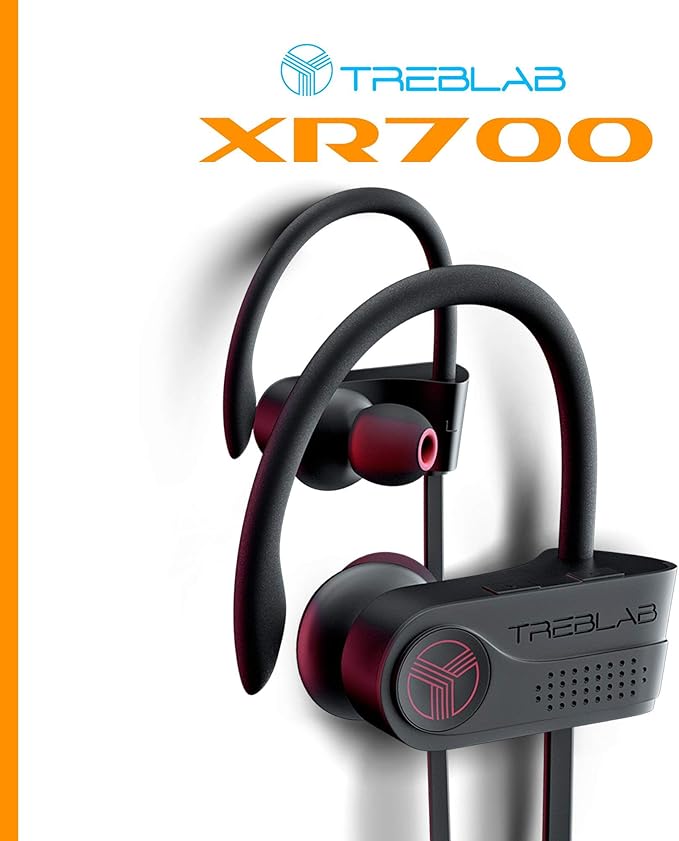 TREBLAB XR700 Wireless Earbuds - Bluetooth 5.0, IPX7 Waterproof, Noise Cancelling, Adjustable Earhooks, 9H Battery, Deep Bass, Mic - Sports Running Headphones for Workouts, Gym, Travel