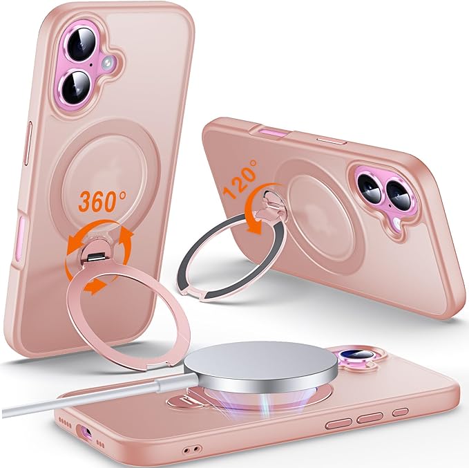 360° O-Ring MagStander for iPhone 16 Case with Magnetic Kickstand Ring Holder [Compatible with MagSafe][360°Rotate Stand Ring][Military Shockproof] Magnet iPhone 16 Phone Cover Matte Pink