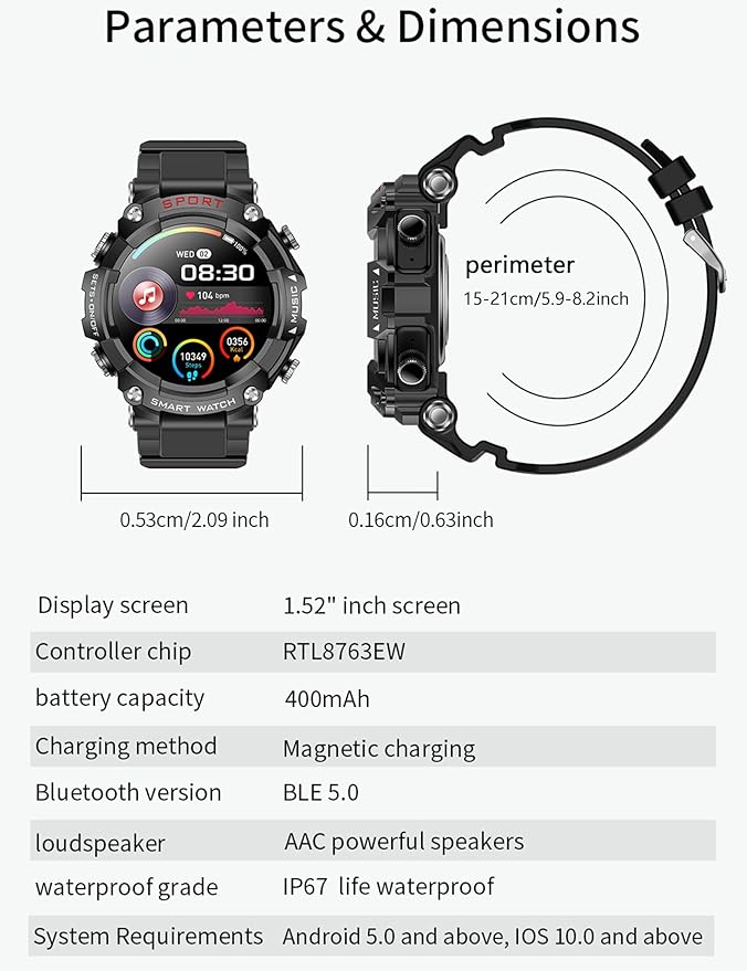 Military Smart Watch with Earbuds (Answer/Make Calls), 1.52" Smart Watches for Men Women，Support Local Music，110+ Sport Modes Fitness Tracker, Fitness Watch for iOS Android SmartWatchs