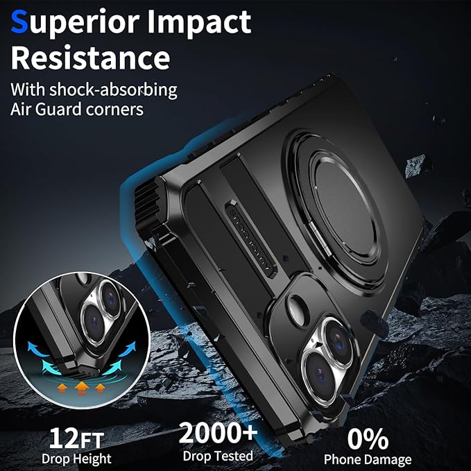 for iPhone 16 Plus Case Magnetic Compatible with Wireless Charging,16 Plus Phone Case with 2 Screen Protector,Built-in Kickstand Ring Military Grade Drop Shockproof Heavy Duty Protection Black