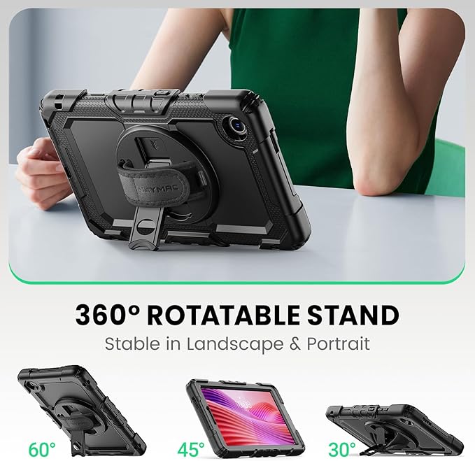 SEYMAC Case for Lenovo Tab One 8.7 inch/ K9 TB305FU (2025), Heavy Duty Full-Body Shockproof Protective Case with Screen Protector, Stand, Hand/Shoulder Strap and Pen Holder, Black