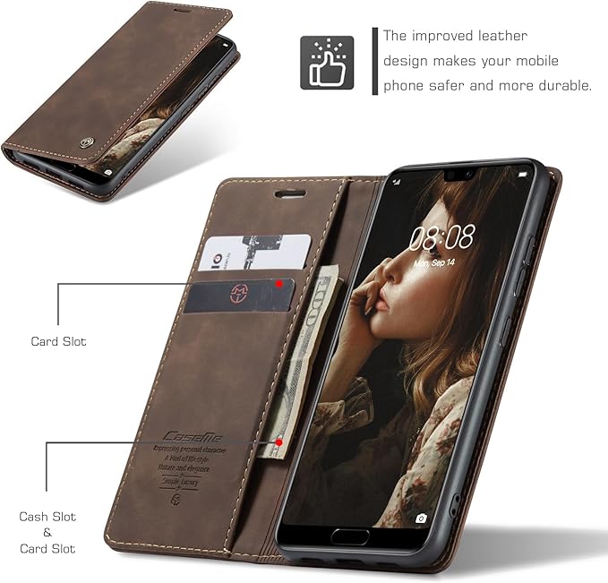 for Huawei P20 Case, Flip Wallet Leather Case with Card Holder Magnetic Closure Shockproof Kickstand Protective Phone Cases Cover for Huawei P20,Coffee