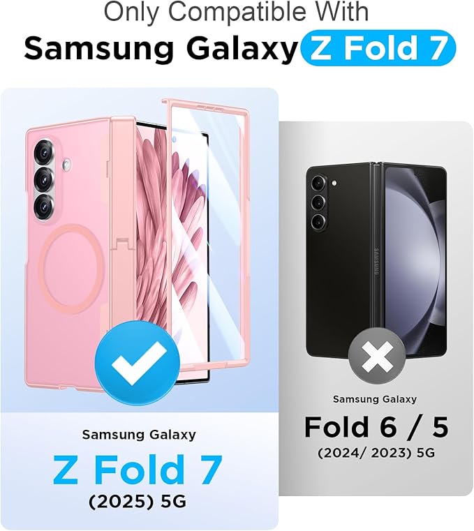 Temdan Magnetic for Samsung Galaxy Z Fold 7 Case,[Compatible with MagSafe][Built-in HD Screen Protector&Invisible Kickstand][Hinge Protection]Translucent Matte Shockproof Phone Case for Z Fold 7,Pink