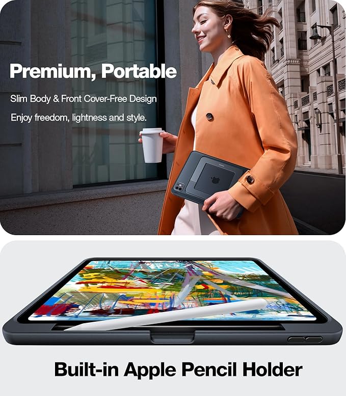 TORRAS Ostand for iPad Pro 11 inch Case 4th/3rd/2nd/1st Generation 2022 2021 2020 2018 with Sturdy Kickstand, Slim Bend-Proof, Adjustable Stand, Any-Angle Viewing, Built-in Pencil Holder, Black