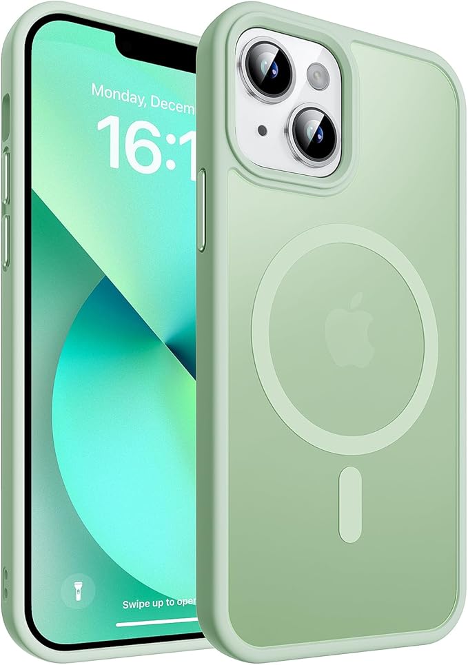 Magnetic for iPhone 13 Case & iPhone 14 Case, Compatible with MagSafe, Military Grade Drop Protection, Slim Shockproof Anti-Fingerprint Translucent Matte Phone Protective Cover, Light Green