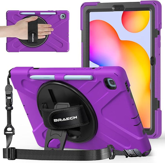 BRAECNstock for Samsung Galaxy Tab S6 Lite Case 10.4 inch 2024/2022/2020 (SM-P620/P610/P619) Shockproof Protective Kids Cover with Rotating Stand & Hand Strap Pen Holder Case for Tab S6 Lite - Purple