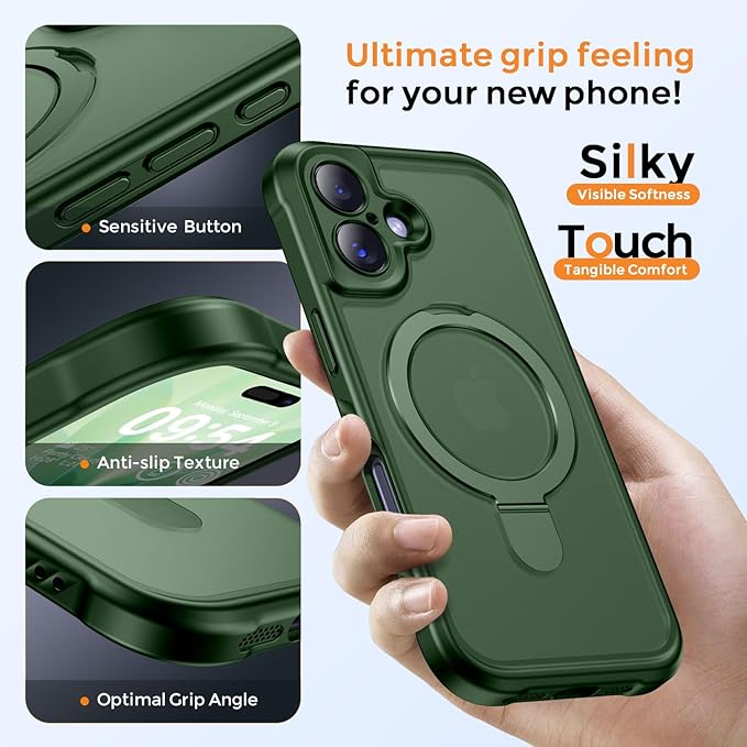 MOCCA Compatible with iPhone 17 Case with Magnetic Invisible Stand [Full Camera Protection] [Compatible with Magsafe] Military Drop Shockproof Translucent Matte Phone Case Cover 6.1",Dark Green