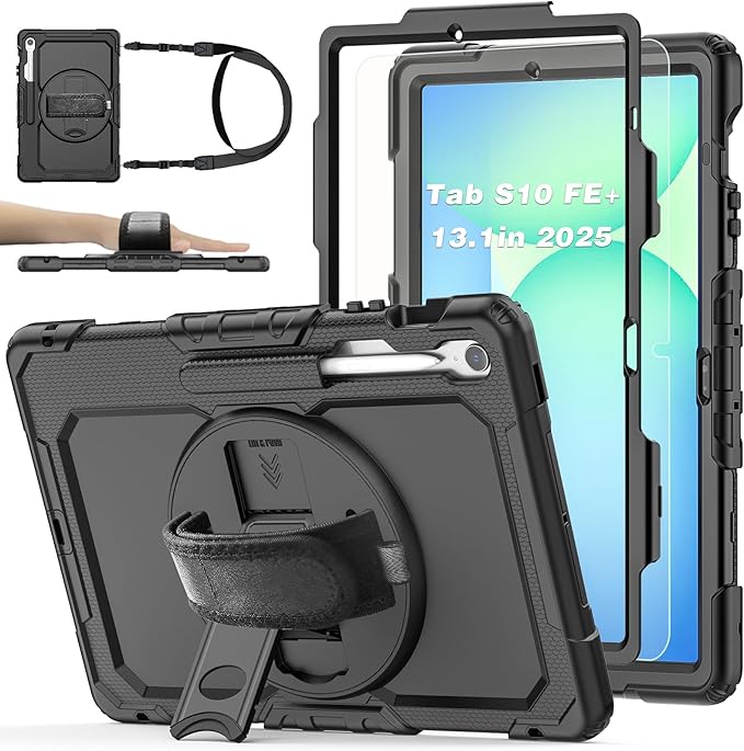 Case for Samsung Galaxy Tab S10 FE Plus 5G Tablet 13.1'', Shockproof Protective Cover with Tempered Glass Screen Protector, Rotatable Kickstand, S Pen Holder, Hand/Shoulder Strap, Black