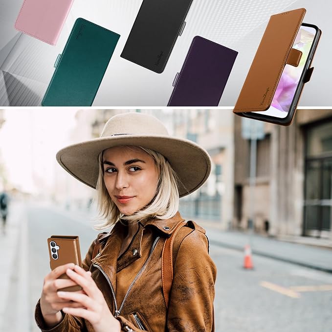 Wallet Flip Case for Samsung Galaxy A35 5G - [RFID Blocking] Luxury PU Leather Card Holder Magnetic Phone Cover with Kickstand,Shockproof Protective Case,Brown