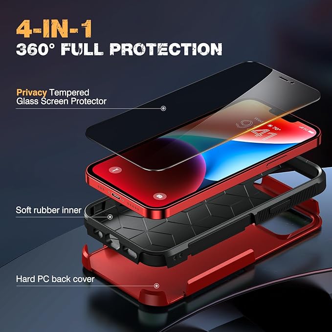 Diaclara Designed for iPhone 14 Case, [with Privacy Screen Protector] [Anti Spy] [Military Grade Drop Protection] Heavy Duty Full-Body Shockproof Phone Case, Red