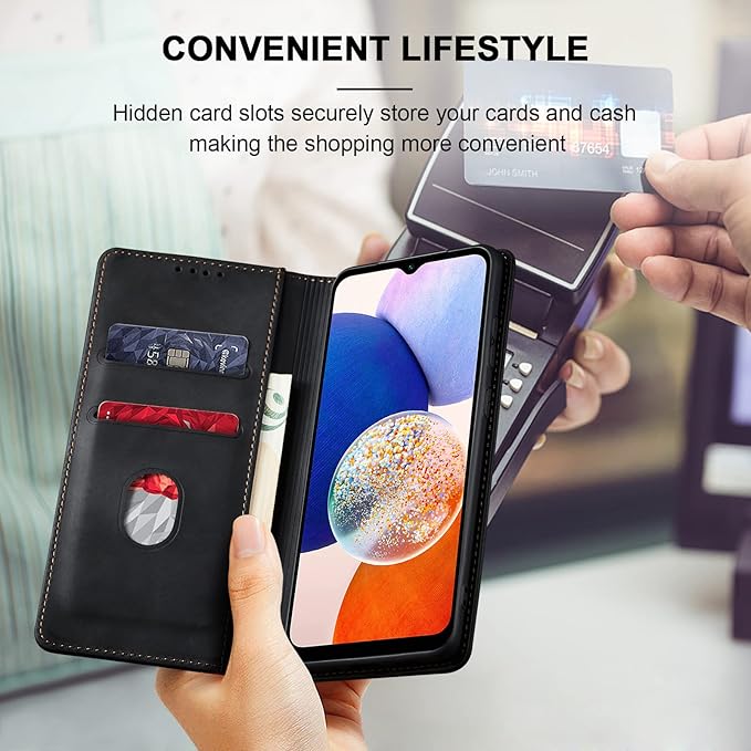 Jasonyu Flip Wallet Case for Samsung Galaxy A14 5G/4G,Leather Magnetic Folio Cover with Card Holder,Kickstand - TPU Shockproof Durable Protective Phone Case,Black