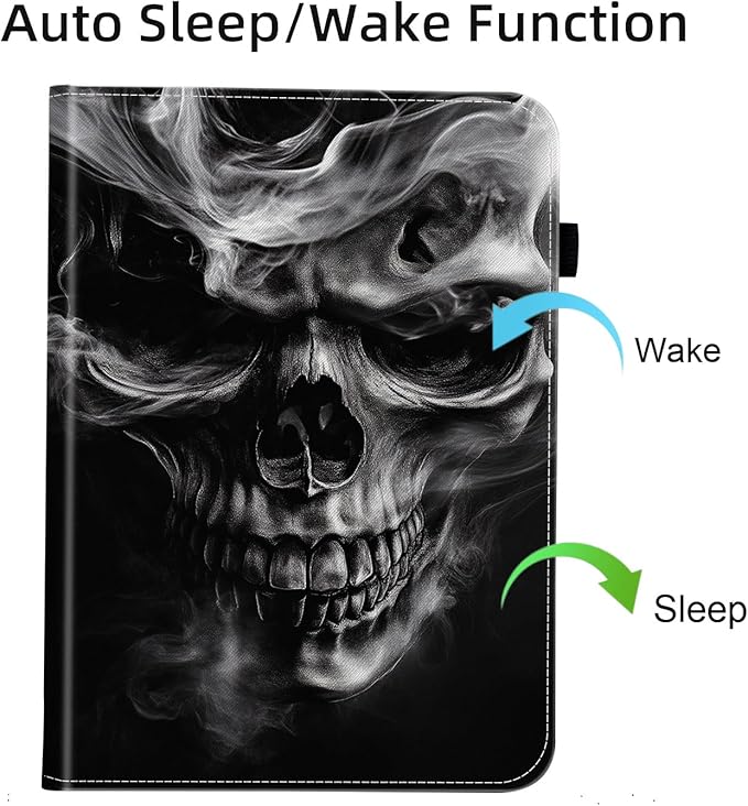 Case for Samsung Galaxy Tab S9 FE 5G 10.9 Inch/Galaxy Tab S9 11 Inch 2023,Card Slot PU Leather TPU Case Pen Holder Auto Wake Sleep,Smoke Skull