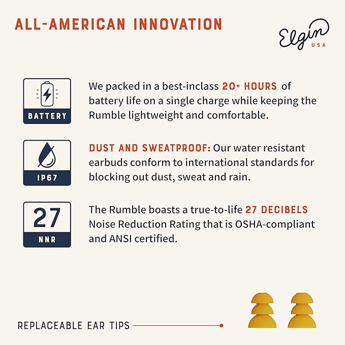 Elgin Rumble Bluetooth Earplug Earbuds, 27 dB Noise Reduction Wireless Headphones with Noise Cancelling Mic, 20 Hour Battery Life, IP67 Waterproof, OSHA Compliant Hearing Protection for Work