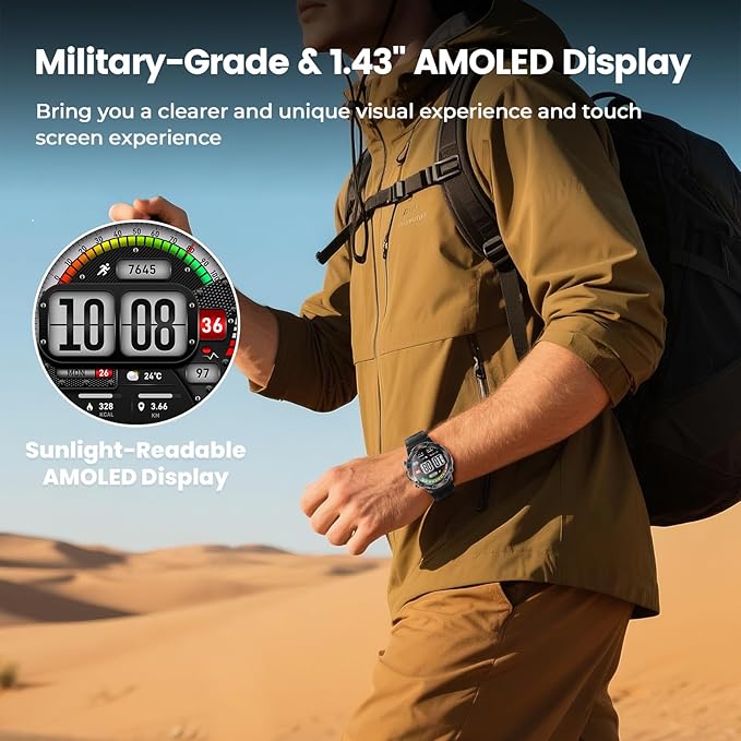 WalkerFit Military Rugged Smart Watch for Men 1.43" AMOLED Smartwatch, Always-on, 3ATM Waterproof for Swim, Accurate HR Sleep Monitor,Bluetooth Call Fitness Watch for iPhone Andriod Compatible, Black