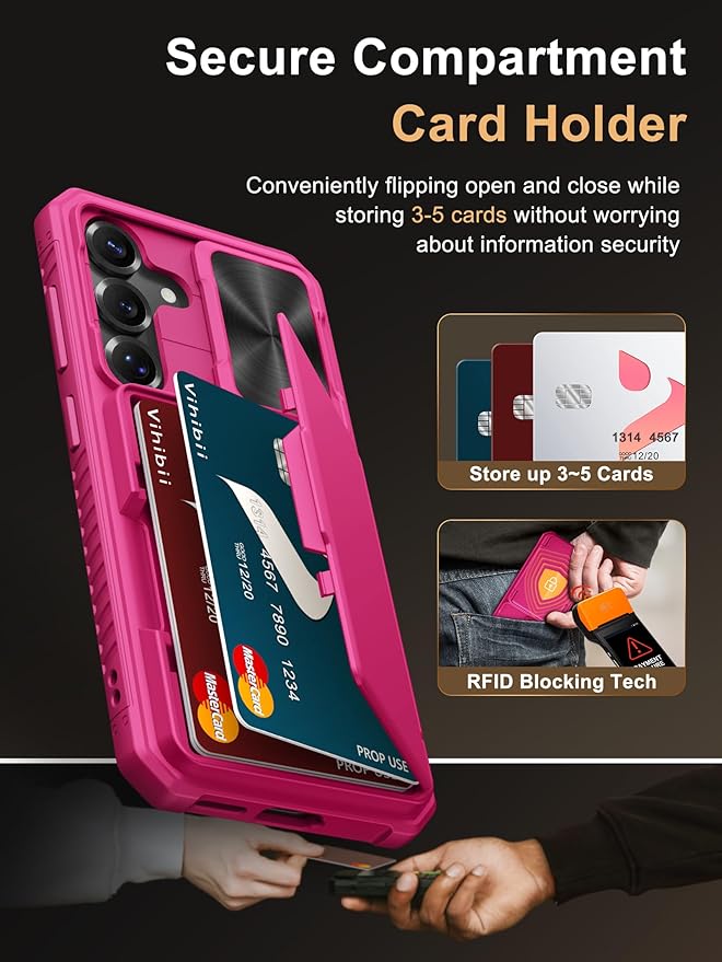 Vihibii for Samsung Galaxy S25 Wallet Case with Card Holder (4 Cards), [RFID Blocking] & Slide Camera Cover & Raised Edges Protect Screen, Heavy Duty Phone Cover for Samsung Galaxy S25 6.2", Hot Pink