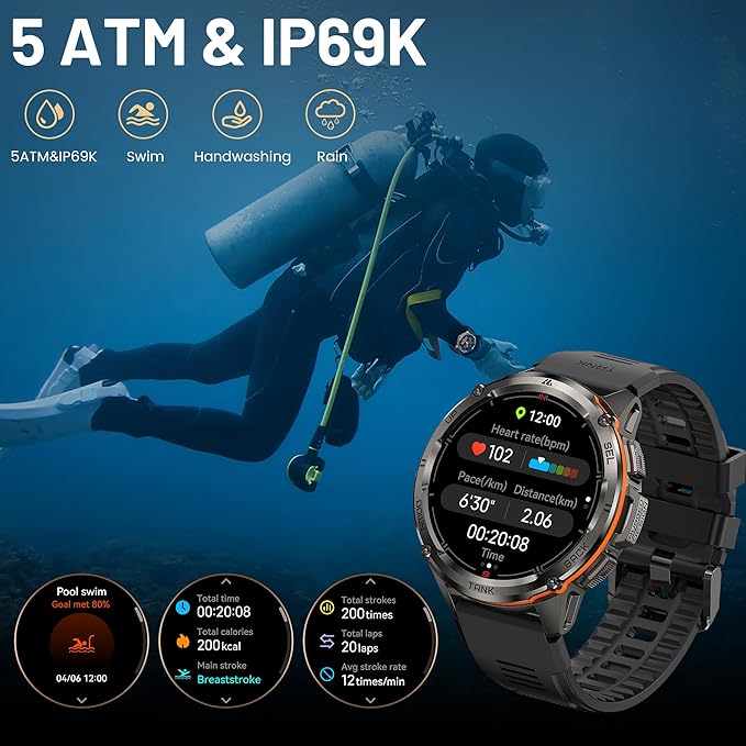AMAZTIM GPS Smart Watch for Men, 6 Satellite Positioning, Compass, Stainless Steel Body, 50M Waterproof, 470mAh Extra-Large Battery, Answer/Make Call, 1.43" AMOLED Screen, Compatible for Android iOS