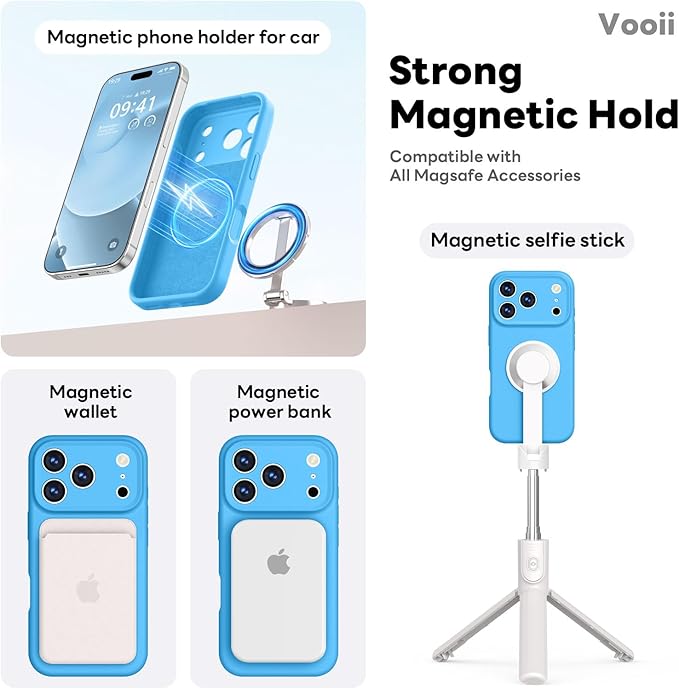 Vooii Magnetic Compatible with iPhone 17 Pro Case (Compatible with Magsafe) (Upgraded Camera Protection) Liquid Silicone Shockproof Full Body Protective Phone Cover for Women Men, Blue, 6.3”