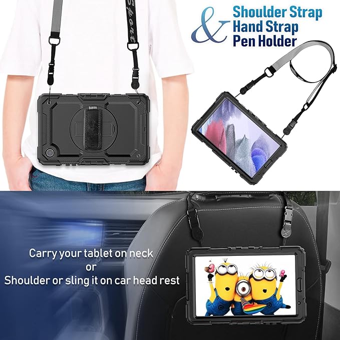 Timecity Case for Samsung Galaxy Tab A7 Lite 2021 8.7'' SM-T220/T225/T227 with Screen Protector, Heavy Duty Rugged Full-Body Protective Case with 360 Rotating Stand, Hand/Shoulder Strap Case, Black