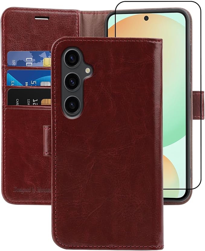 MONASAY Wallet Case Fit for Samsung Galaxy S24 FE 6.1 inch 5G,[RFID Blocking] Flip Folio Leather Cell Phone Cover with Credit Card Holder, Burgundy