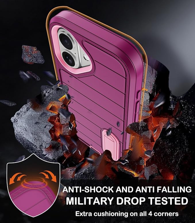 for iPhone 16 Case with 2 Screen Protectors,Heavy Duty Shockproof Drop Protection Military Grade Tri-Layer Rugged Cell Phone Cover with Built-in Invisible Kickstand 6.1“ (Purple)