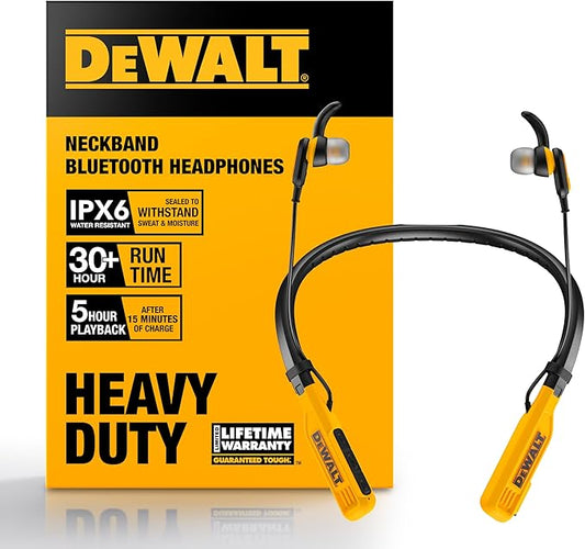 DEWALT Heavy Duty Bluetooth Neckband Headphones, Wireless Around The Neck Earbuds w/ 30H Runtime + Noise Isolation, Secure Magnetic Wireless Earbuds, Jobsite Pro Built-in Mic Bluetooth Headsets