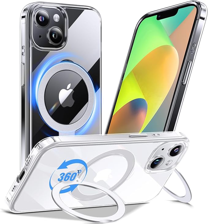 Anqrp 360° All-in-ONE Crystal Clear Case for iPhone 14/13 with Rotatable Magnetic Stand, Compatible with Mag-Safe, Anti-Yellowing Transparent MIL-Grade Shockproof Phone Case Cover for iPhone 14/13