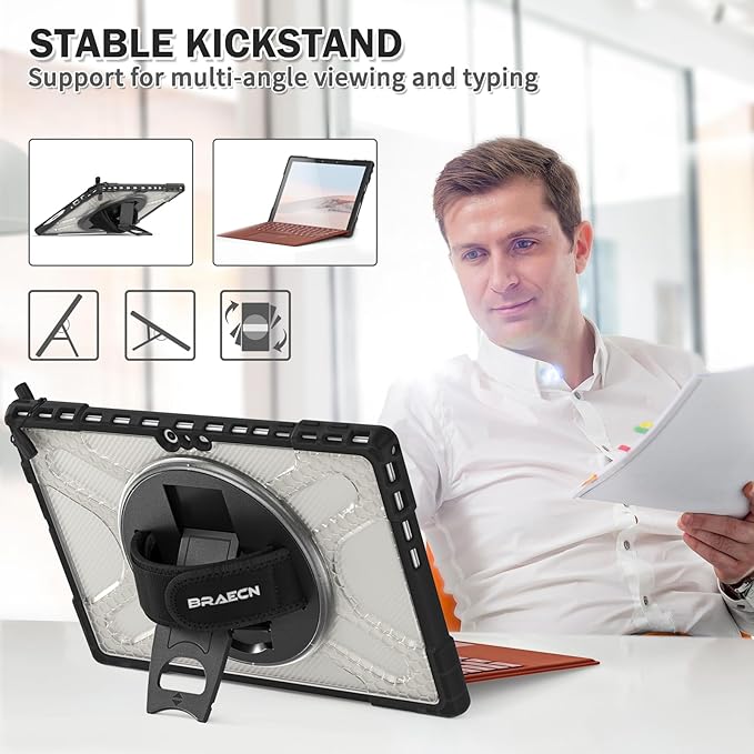 BRAECNstock for Microsoft Surface Pro 7+ Plus/ 7/6/ 5/4 Case 12.3 inch, Rugged Protective Cover with 360° Rotating Hand Strap & Stand, Pencil Holder, Compatible with Type Cover Keyboard, Clear