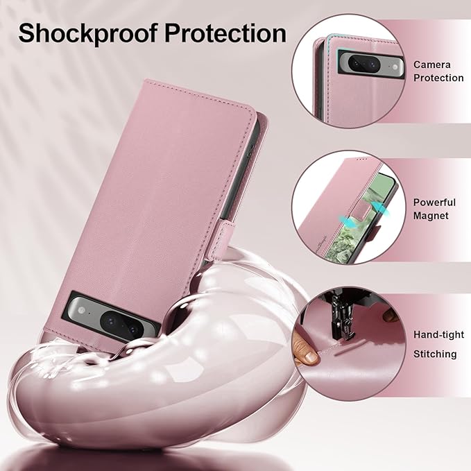 Wallet Flip Case for Google Pixel 8 - [RFID Blocking] Luxury PU Leather Card Holder Magnetic Phone Cover with Kickstand,Shockproof Protective Case,Pink