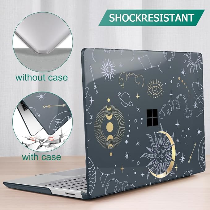 Tuiklol Case for 12.4 Inch Microsoft Surface Laptop Go 3/2 / 1 2023-2020 Releases, Plastic Hard Shell Case with Screen Protector and Keyborad Cover +Dust Plugs Model 2013/1943,Star and Moon