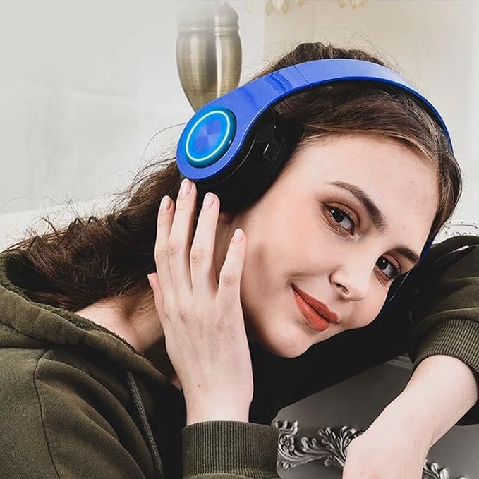 Kids Bluetooth Over Ear Headphones, Colorful LED Lights Headphones with Built-in Mic, Bluetooth 5.0, Wired and Wireless Foldable Stereo Headphones for Classroom/Home Office/Tablet/Airplane(Blue)