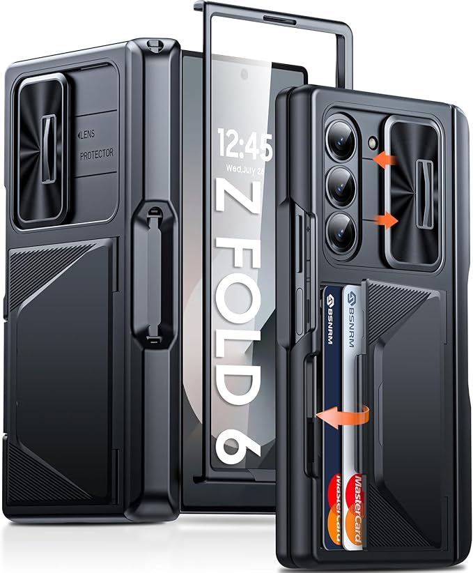 for Samsung Galaxy Z Fold 6 Case with Card Holder, Built in RFID Blocking & S Pen Holder& Slide Camera Cover& Hinge Protection& Full-Body Rugged Shockproof Wallet Case for Galaxy Z fold 6, Black