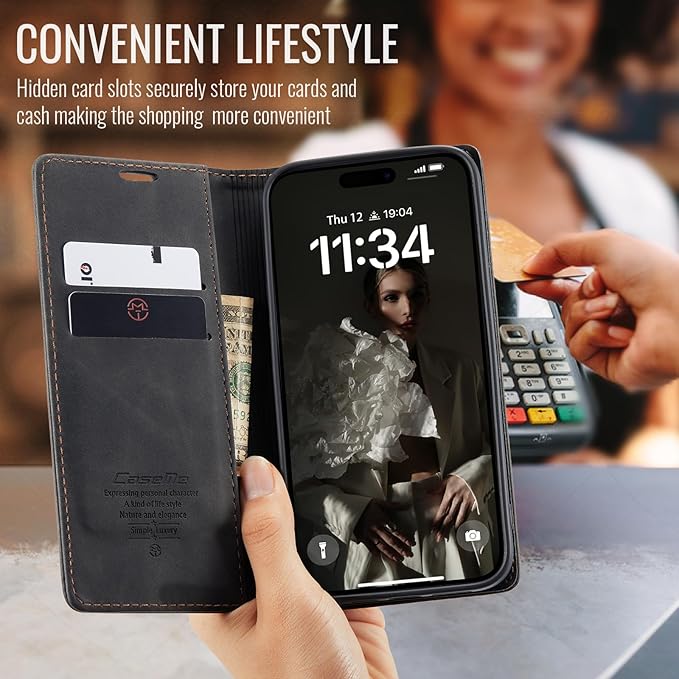 for iPhone 16 Pro Case, Flip Wallet Leather Case with Card Holder Magnetic Closure Shockproof Kickstand Protective Phone Cases Cover for iPhone 16 Pro, Black