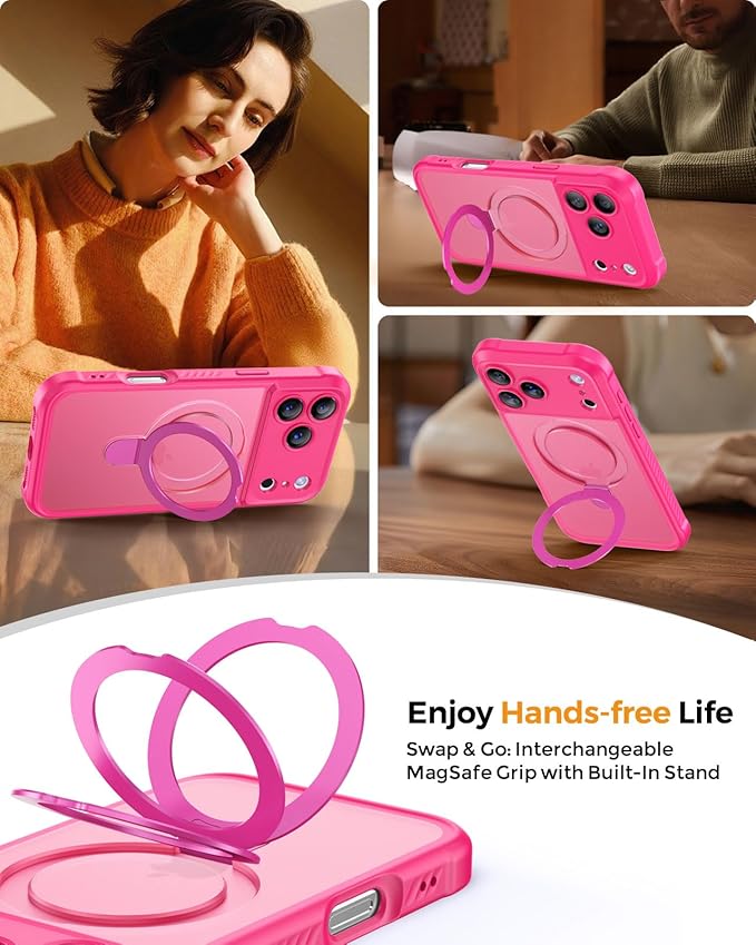 MOCCA Compatible with iPhone 17 Pro Max Case with Magnetic Invisible Stand [Full Camera Protection] [Compatible with Magsafe] Military Drop Shockproof Translucent Matte Phone Case Cover 6.9",Hot Pink