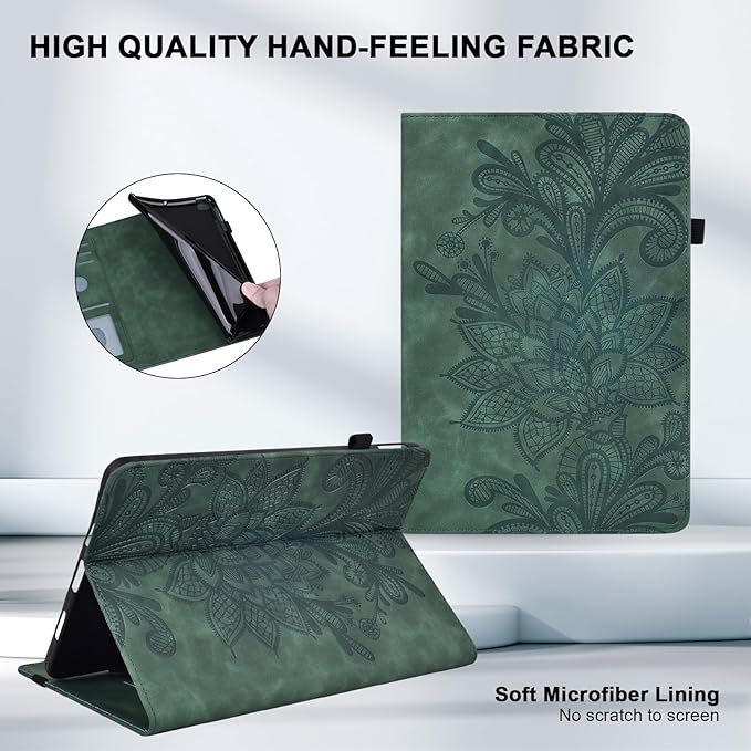 Case for Lenovo Tab M10 Plus 3rd Gen 10.6 Inch 2022 (TB125FU/128FU), Embossed Lace PU Leather Flip Folio Tablet Case with Elastic Band & Card Slots/Holder, Multi-Angle Viewing Stand Cover, Green