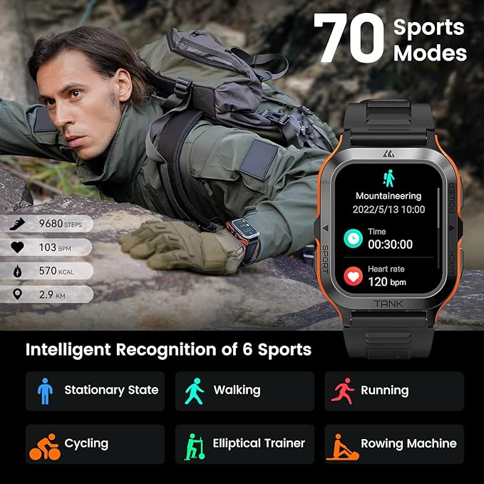 AMAZTIM Smart Watch, 60 Days Extra-Long Battery, 50M Waterproof, Rugged Military Bluetooth Call(Answer/Dial Calls), 1.85" Ultra Large HD Display, AI Voice Assistant, Compatible for Android and iOS