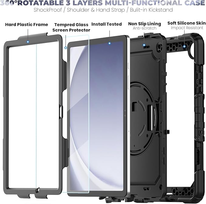 Bundle of Case for Samsung Galaxy Tab A9 Plus 11 Inch 2023 with Tempered Glass Screen Protector Pencil Holder,BLOSOMEET Galaxy A9+ Plus Tablet Case with Shoulder Strap Hand Strap&Stand,Black