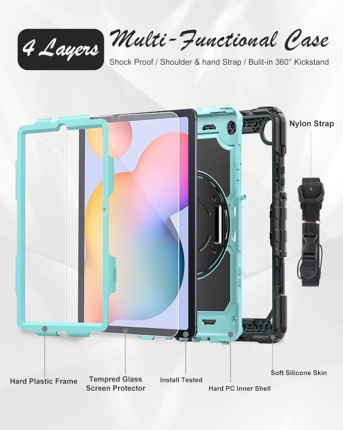 Tablet Case for Samsung Galaxy Tab S6 Lite 10.4 inch 2024/2022/2020 [with Tempered Glass Screen Protector], Rotating Kickstand/S Pen Holder/Shoulder & Hand Strap (SkyBlue)