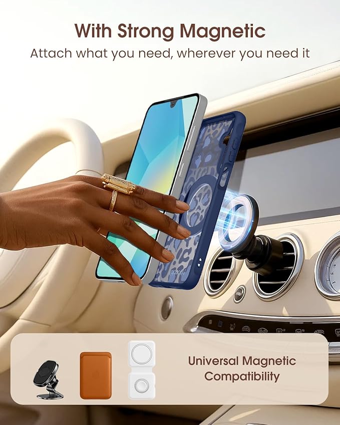 for Samsung Galaxy A16 4G/5G Case with 360° Rotatable Magnetic Ring - Semi-Transparent Anti-Fingerprint Soft-Touch Material Shockproof, Cute Blue Cheetah Print Design for Women Girl