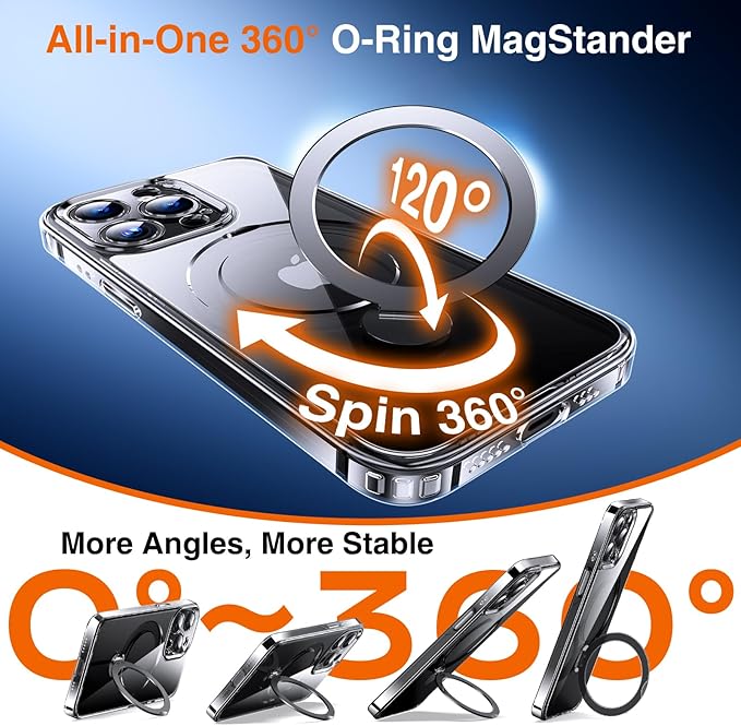 360° O-Ring MagStander for iPhone 15 Pro Case with Magnetic Kickstand Ring Holder [Compatible with MagSafe][360°Rotate Stand Ring][Military Shockproof] iPhone 15 Pro Phone Cover Clear