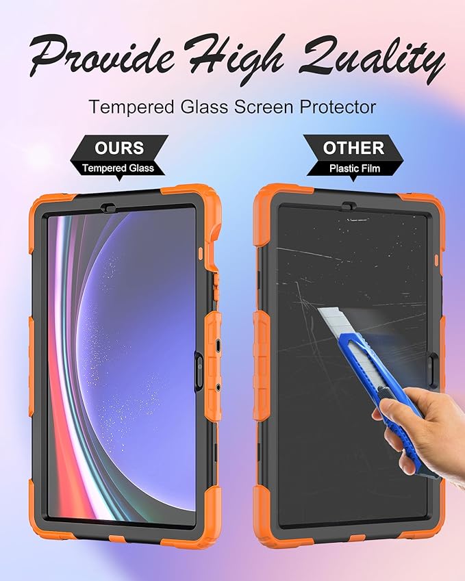 Tablet Case Compatible with Samsung Galaxy Tab S10 Plus 2024/S9 FE+/S9 Plus 5G Case 12.4-inch 2023,with Tempered Glass Screen Protector,Rotating Kickstand, Shoulder Strap (Orange)