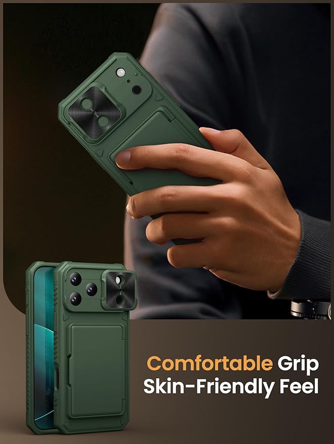 Vihibii for iPhone 17 Pro Max Case with Card Holder (4 Cards) [RFID Blocking] & Slide Lens Cover, Military Grade Drop Protection, Rugged Hard Back & Silicone Edge Wallet Phone Case 6.9" 5G 2025, Green