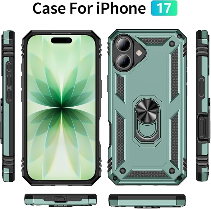 ADDIT Compatible with iPhone 17 Case with Tempered Glass Screen Protector, Adjustable Kickstand Ring, Military-Grade Heavy Duty Protection, Shockproof, Anti-Fingerprint,Teal