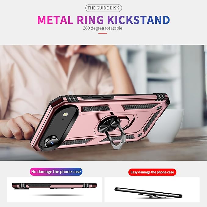 ADDIT Compatible with iPhone 17 Air Case with Tempered Glass Screen Protector, Adjustable Kickstand Ring, Military-Grade Heavy Duty Protection, Shockproof, Anti-Fingerprint,Rose Gold