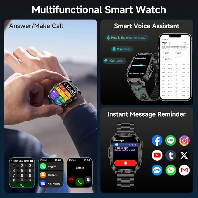 Smart Watch for Men Military Answer/Make Call 2.01″ Display 170+ Sports Modes Fitness Smart Watch IP68 Waterproof 30 Days Standby Smartwatch for Android iOS Black Camouflage Silicone Strap