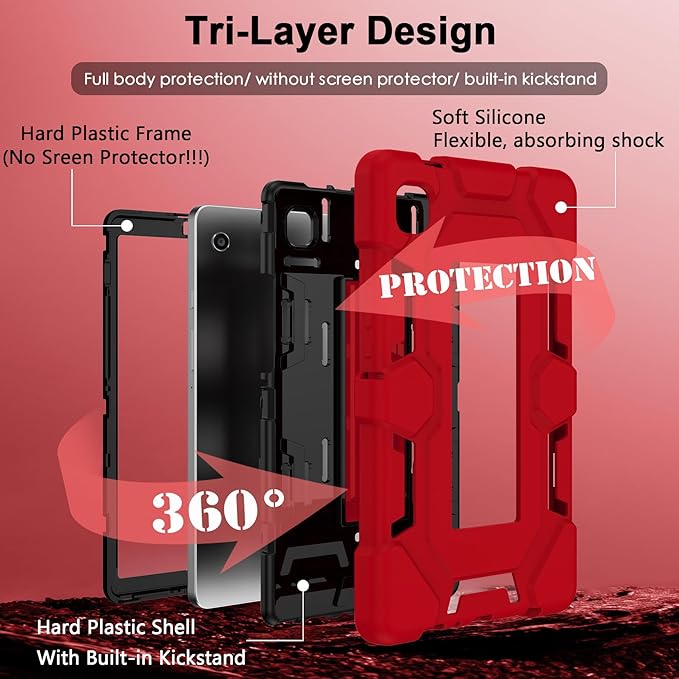 CCMAO Case for Samsung Galaxy Tab A9 Case 8.7 Inch 2023 Model, Heavy Duty Shockproof Hybrid Three Layer Protective Cover with Kickstand for Samsung A9 Tablet 8.7" (SM-X110/X115/X117), Red+Black