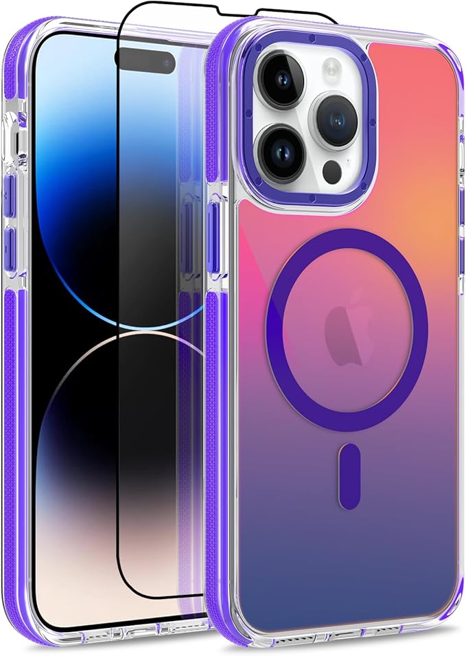 MOWIME Magnetic Case for iPhone 14 Pro Max [Compatible with Magsafe] [Cute Fashion Fluorescent Design] [1 Screen Protector] Slim Translucent Matte Case for iPhone 14 Pro Max 6.7" 2022, Purple
