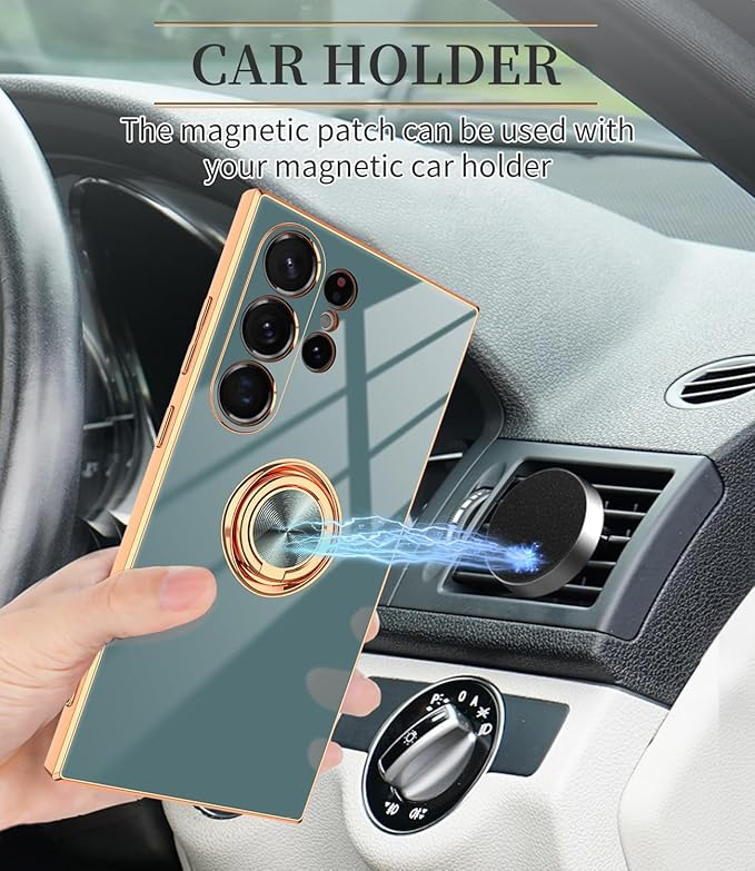 Dinick Gray for Samsung Galaxy S24 Ultra Case with Ring Holder Kickstand [with Magnetic] Soft TPU Bumper, Glitter Gold Electroplated Cover Slim Thin Protective Phone Case for Galaxy S24 Ultra