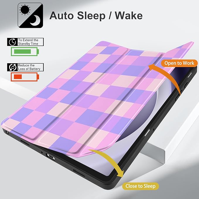 MEEgoodo Case for Samsung Galaxy Tab A9 Plus 11 inch Cover 2024 2023 with S Pen Holder, A9+ Smart Tablet Cases with Trifold Stand+Soft TPU Back Shell+Smart Auto Wake/Sleep, Colorful Square Pattern