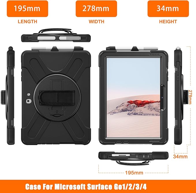ZenRich Rugged Case for Surface Go 4 (2023)/Surface Go 3 (2021)/ Surface Go 2 (2020), Surface Go (2018) with Pen Holder Heavy Duty Shockproof Case with 360° Rotating Kickstand, Hand & Shoulder Strap